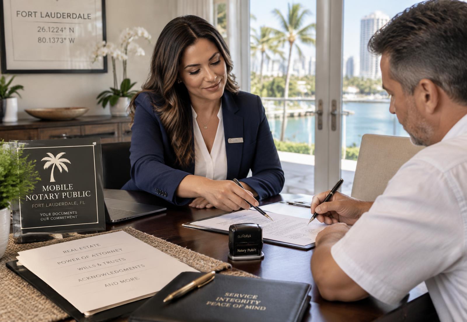Mobile notary reviewing and notarizing documents with a client at a table in Fort Lauderdale